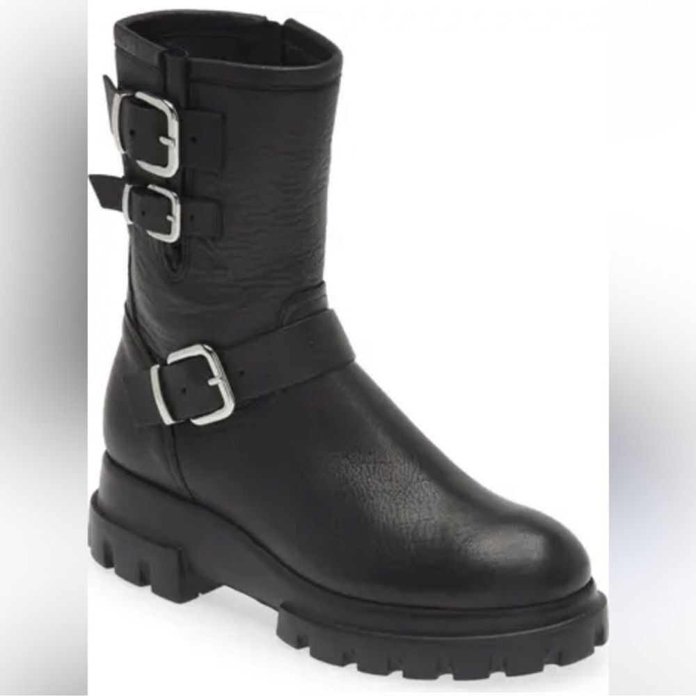NEW AGL Chunky Biker Moto Lug Sole Black Leather Buckle Boots 40